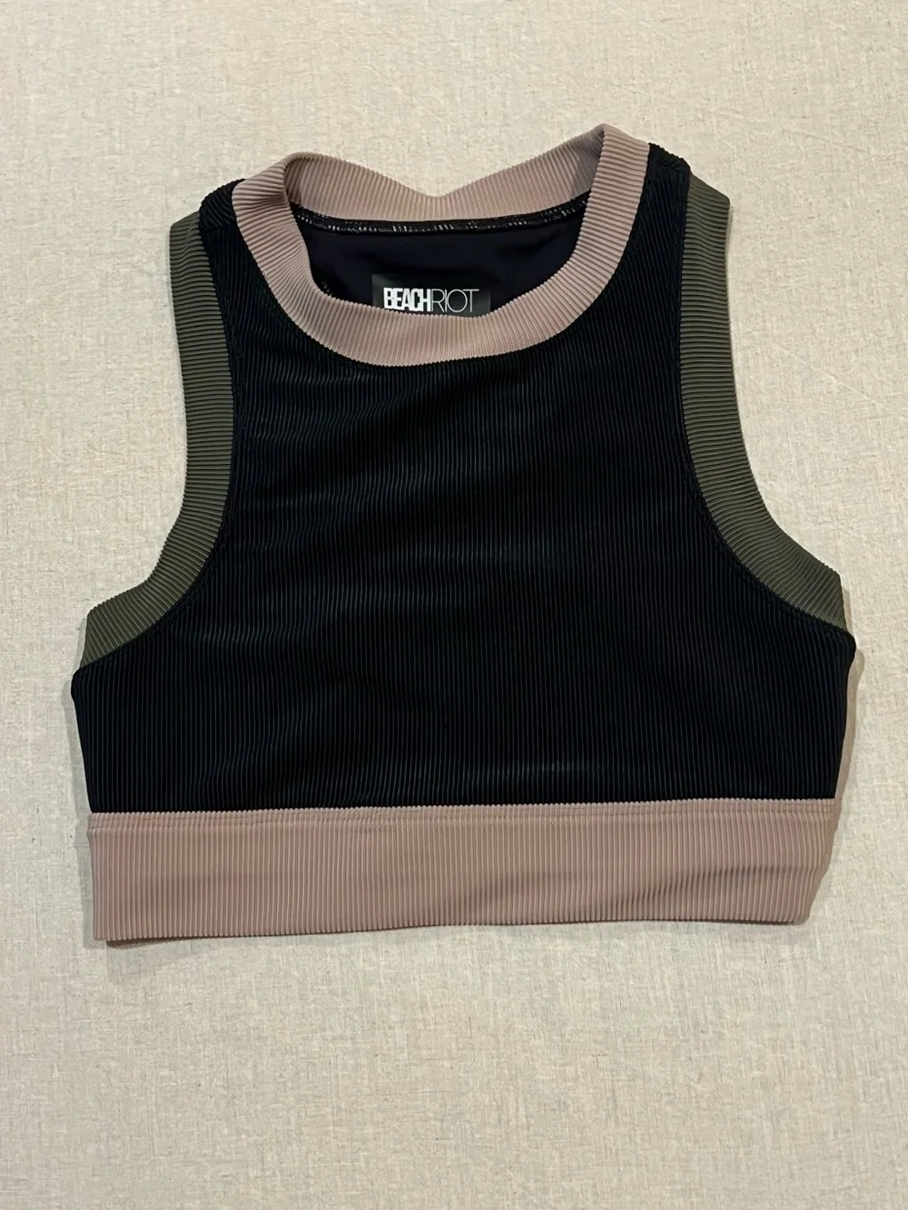 Beach Riot Gwen Colorblock Ribbed Crop Bikini Top Black Olive Tan Gym Beach XS - Picture 4 of 13